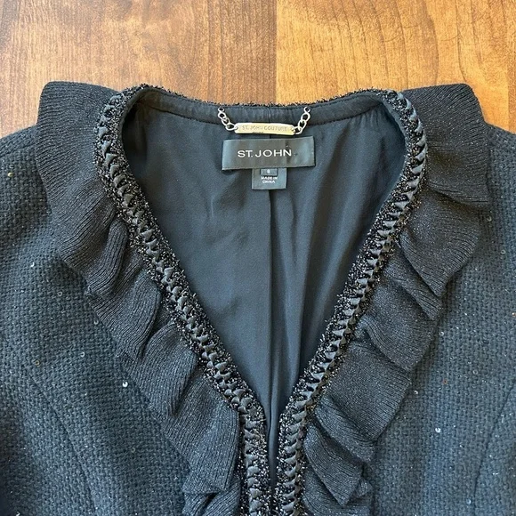 ST. JOHN Couture Black Sequin Tweed Ruffle Jacket Blazer Size 8 | Wool Silk - Picture 2 of 8